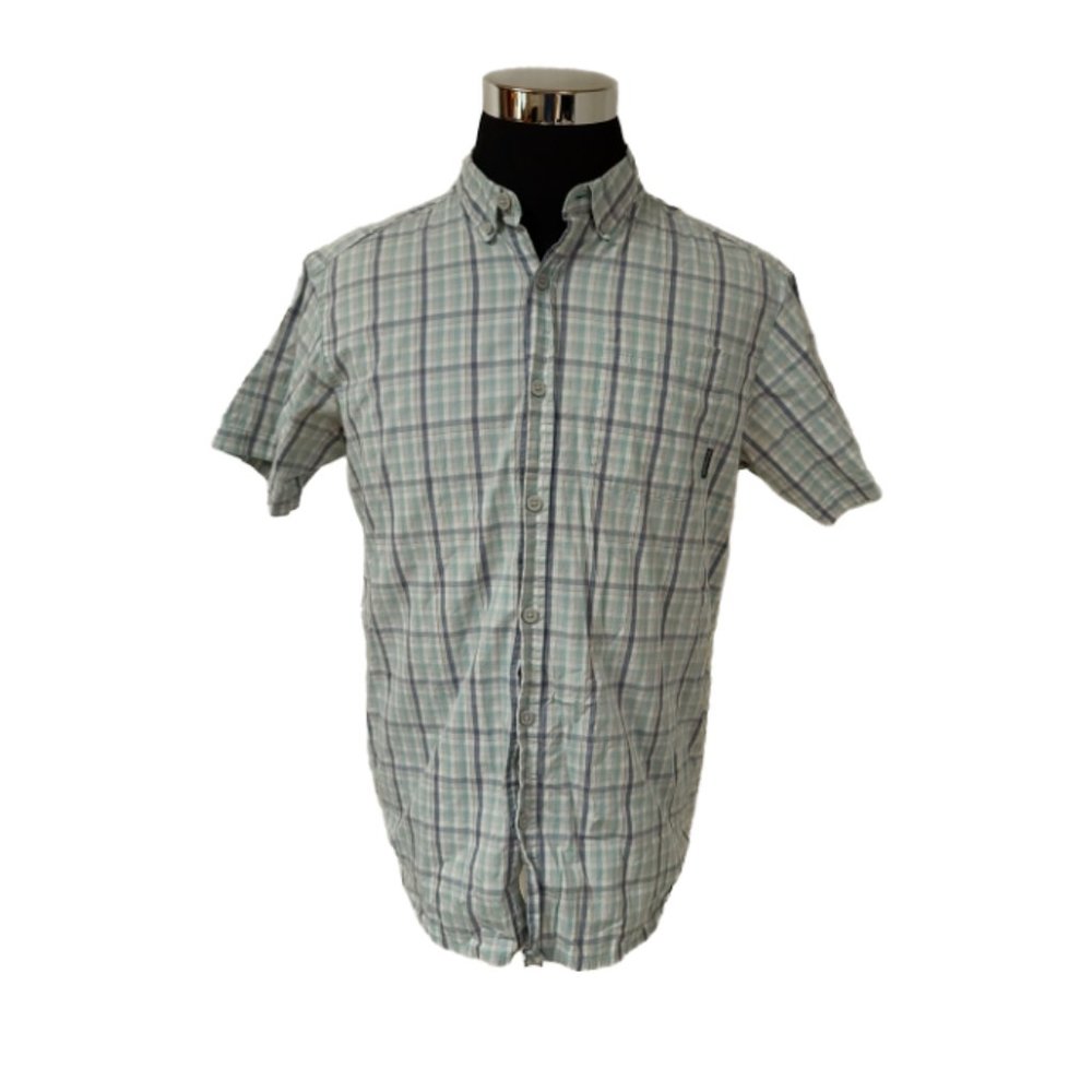 Columbia Mens Large Grey Blue Stripe Short Sleeve Button Up Shirt Hike Fish